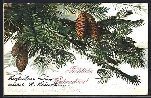 Künstler-AK Maxim Trübe: Fröhliche Weihnachten, Tannenzapfen an einem Nadelbaum