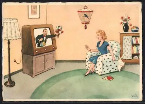 AK Dame bekommt von Mann im Fernseher Blumen