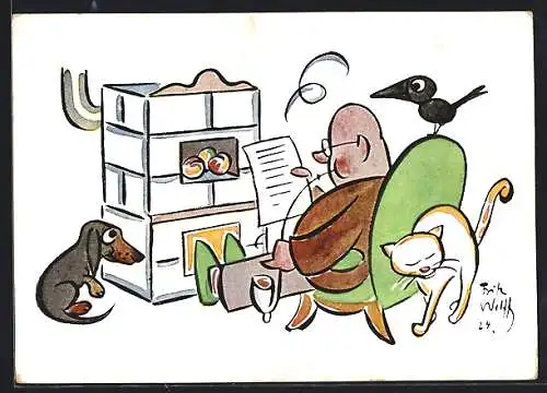 AK Reklame für Gaskoks, Dackel am Kamin