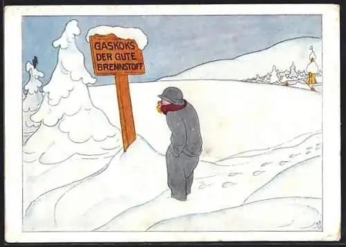 AK Reklame für Gaskoks, Mann im Schnee