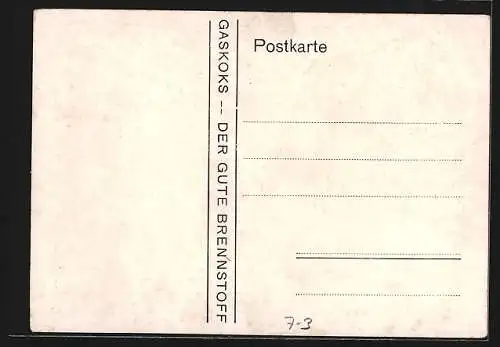 AK Reklame für Gaskoks, Mann im Schnee