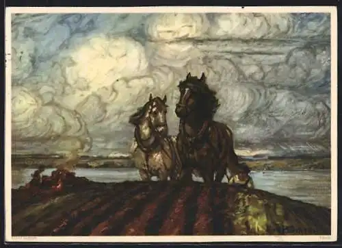 Künstler-AK Pferdegespann auf dem Feld