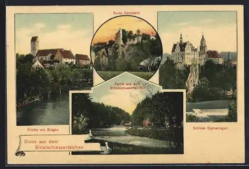 Künstler-AK Eugen Felle: Bingen / Hohenzollern, Kirche, Ruine Hornstein, Bittelschiessertälchen Schloss Sigmaringen