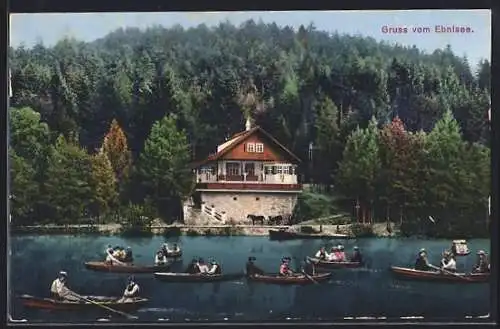 AK Ebnisee, Seepartie mit Ruderbooten und Gasthaus am Ufer