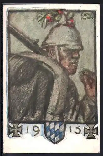 Künstler-AK Richard Klein: Bayerische Kriegsinvaliden-Fürsorge, Soldat mit Gepäck, 1915, eisernes Kreuz, Wappen