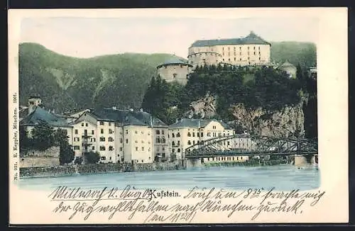 AK Kufstein, Blick auf den Ort mit Flusspartie und Brücke
