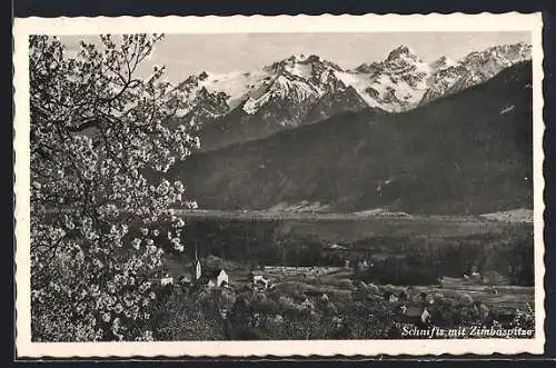 AK Schnifis, Ortsansicht im Frühling mit Zimbaspitze