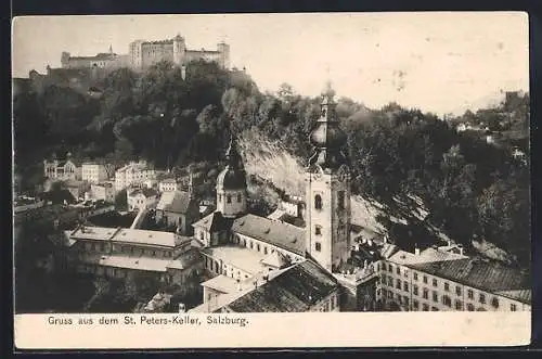 AK Salzburg, Gasthaus St. Peters-Keller, Teilansicht mit Festung