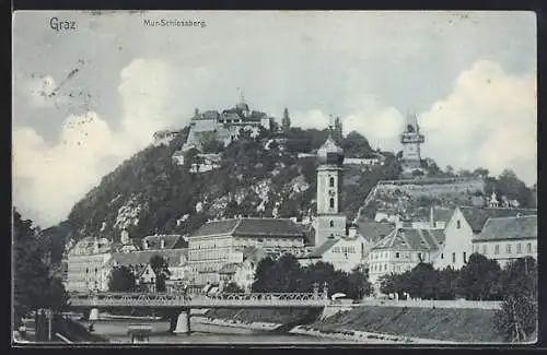 AK Graz, Mur-Schlossberg mit Brücke
