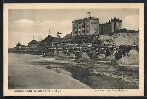 AK Westerland / Sylt, Hotel Miramar mit Strandleben