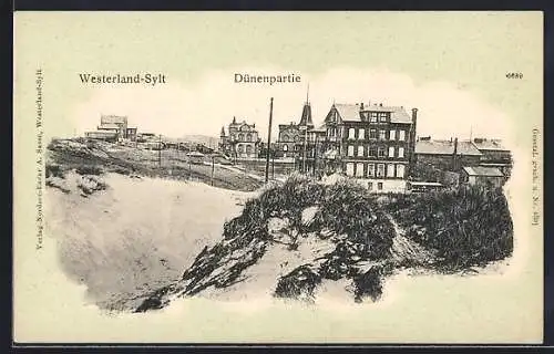 Lithographie Westerland / Sylt, Dünenpartie mit Gebäuden am Ortsrand