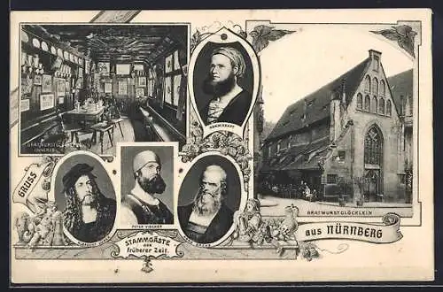 Lithographie Nürnberg, Bratwurstglöcklein und Stammgäste früherer Zeit, Portrait Albrecht Dürer, Adam Kraft, Hans Sachs