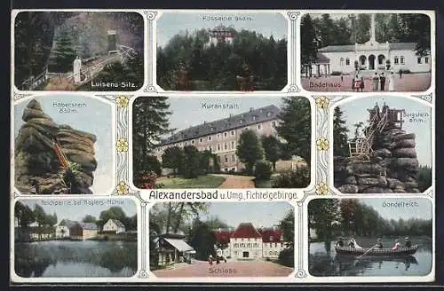 AK Alexandersbad / Fichtelgebirge, Kuranstalt, Schloss, Badehaus, verschiedene Ortsansichten