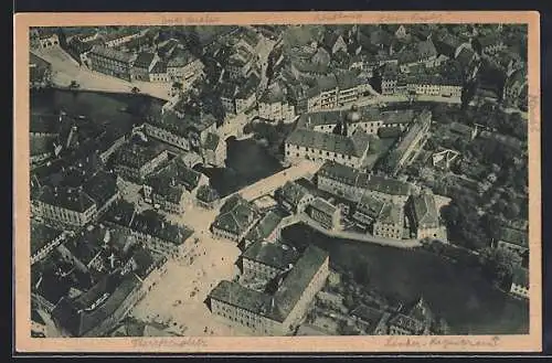AK Bamberg, Regnitzbrücke und Rathaus aus der Luftansicht