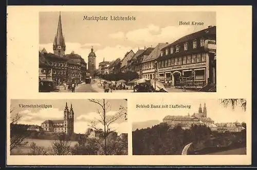AK Lichtenfels / Mainthal, Marktplatz und Hotel Krone, Schloss Banz, Vierzehnheiligen