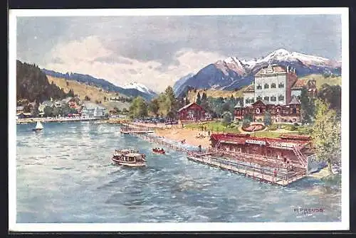 Künstler-AK Rudolf Preuss: Seeboden am Millstätter See, Restaurant Steiner und Hotel Seehof, Inh. Santner