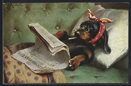 Künstler-AK Carl Reichert: Kranker Dackel mit Zwicker und Zeitung