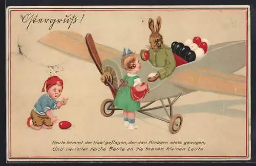 Künstler-AK Lia Döring: Osterhase im Flugzeug