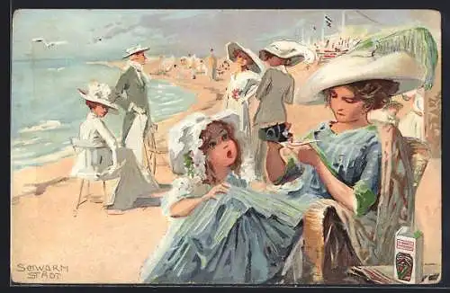 Künstler-AK Felix Schwormstädt: Frau mit Kind am Strand, Medikament Dr. Hommel`s Haematogen