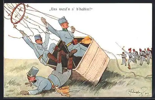 Künstler-AK Fritz Schönpflug: Soldaten in einem Ballon