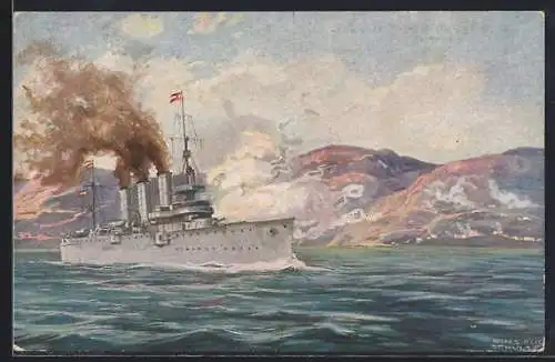 Künstler-AK Hans Rudolf Schulze: Österreichischer Panzerkreuzer beschiesst Antivari