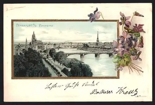 Passepartout-Lithographie Frankfurt /Main, Panorama mit Mainbrücken, Veilchen
