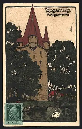 Steindruck-AK Augsburg, Blick zum Fünfgratturm, Ruderboot, Schwan