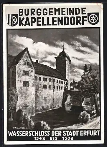 Künstler-AK Kapellendorf, Partie am Wasserschloss der Stadt Erfurt 1508