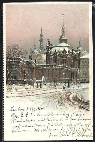 Winter-Lithographie Dresden, Strassenpartie am Zwinger