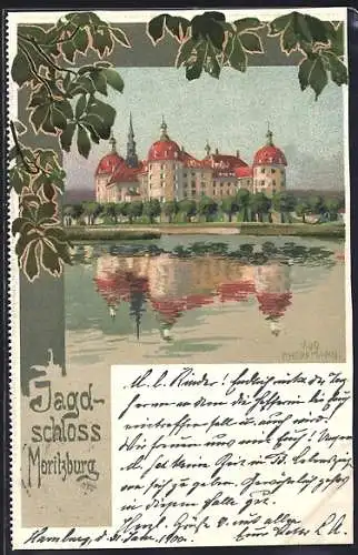 Künstler-AK Moritzburg / Sachsen, Blick übers Wasser zum Jagd-Schloss