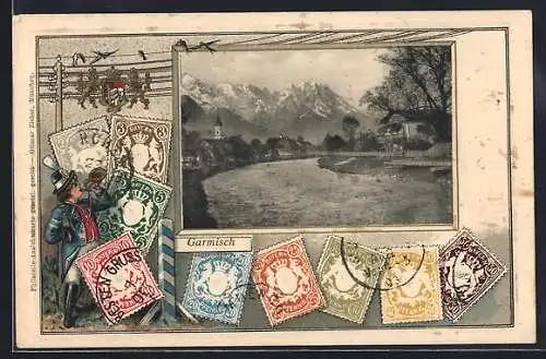 AK Garmisch, Flusspartie im Ort, Briefmarken, Wappen