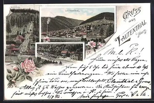 Lithographie Lautenthal i. Harz, Teilansicht, Bahnhof, Aufzug