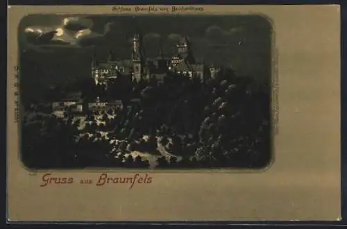 Mondschein-Lithographie Braunfels, Schloss Braunfels vom Bernhardthaus