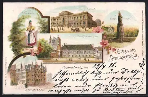 Lithographie Braunschweig, Blick auf Bahnhof, Siegesdenkmal und Deutsches Haus
