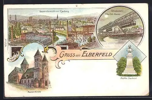 Lithographie Elberfeld, Gesamtansicht v. Kiesberg, Schwebebahn, Moltkedenkmal und Marien-Kirche