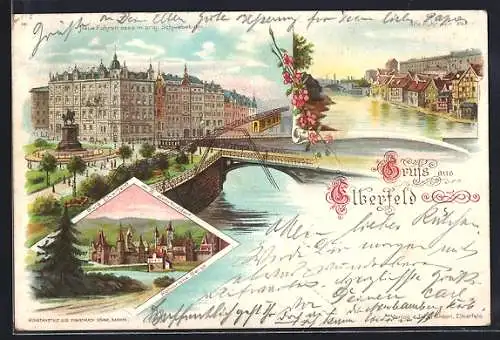 Lithographie Elberfeld, Neue Fuhrstrasse mit Schwebebahn, Alte Fuhr vor 1890, Burg Elverfeldt