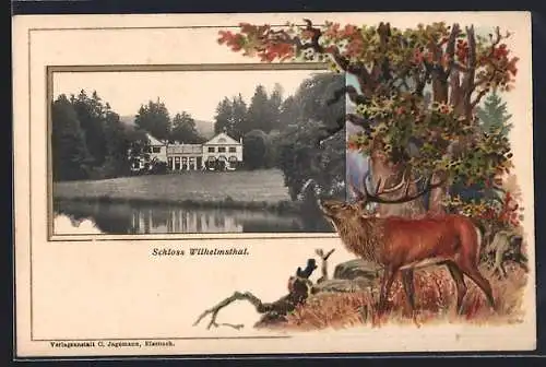 Passepartout-Lithographie Eisenach, Schloss Wilhelmsthal, röhrender Hirsch