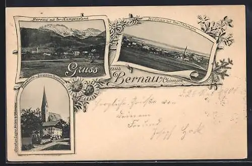 AK Bernau a. Chiemsee, Totalansicht, Pfarrkirche & Strassers Gasthaus