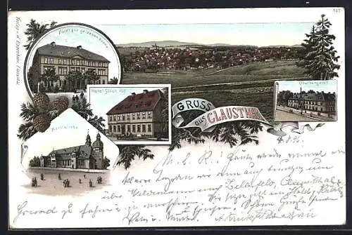 Lithographie Clausthal, Marktkirche, Hotel Glück Auf, Hotel zur goldenen Krone, Oberbergamt
