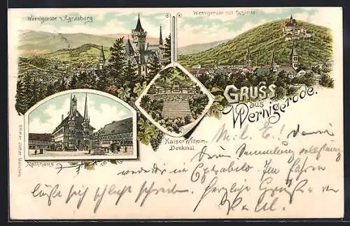 Lithographie Wernigerode, Rathaus, Kaiser Wilhelm Denkmal, Schloss