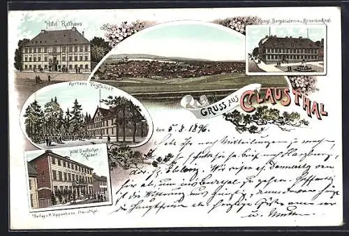 Lithographie Clausthal, Hotel Rathaus, Hotel Deutscher Kaiser und Kurhaus Voigtslust