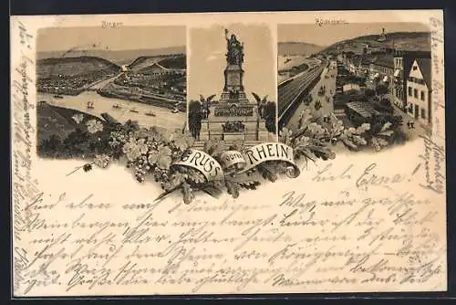 Lithographie Rüdesheim / Rhein, Strassenpartie am Rheinufer, Niederwalddenkmal, Bingen