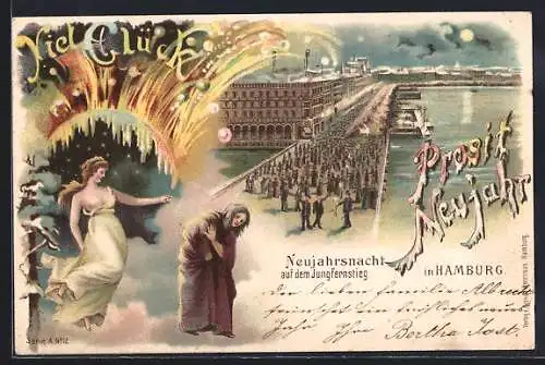 Lithographie Hamburg-Neustadt, Neujahrsnacht auf dem Jungfernstieg, Feuerwerk mit allegorischen Figuren