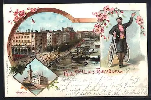 Lithographie Hamburg, Rathaus, Uferpartie, Mann mit Fahrrad