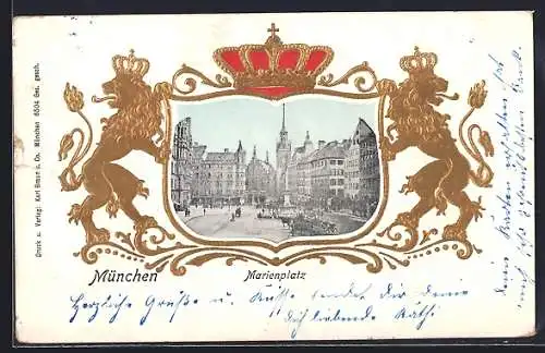 Lithographie München, Marienplatz mit Denkmal, Zwei Löwen und Krone, Passepartout