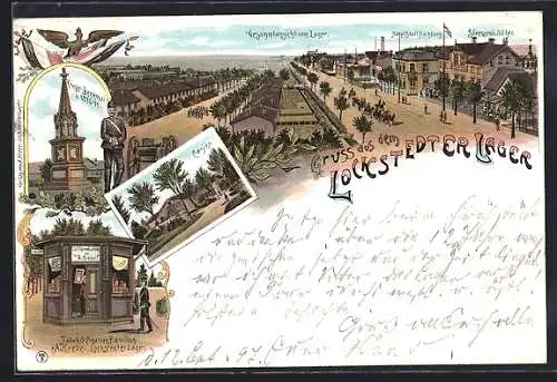 Lithographie Lockstedter Lager, Gesamtansicht mit Hotel Stadt Hamburg und Hotel Sörensen, Tabak & Zigarettenpavillon