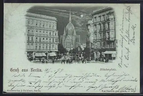 Mondschein-AK Berlin-Kreuzberg, Blücherplatz mit Geschäften und Kirche