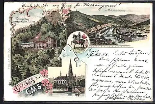 Lithographie Ems, Cafe-Restaurant Schweizerhaus, Kirche, Wappen