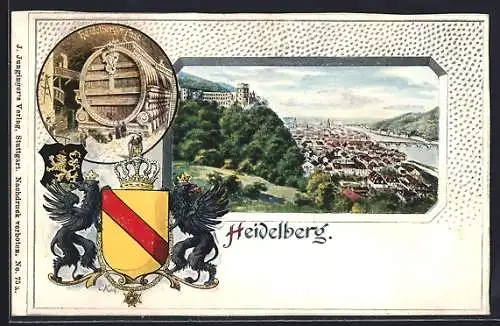 Passepartout-Lithographie Heidelberg, Teilansicht mit Burg, Heidelberger Fass, Wappen