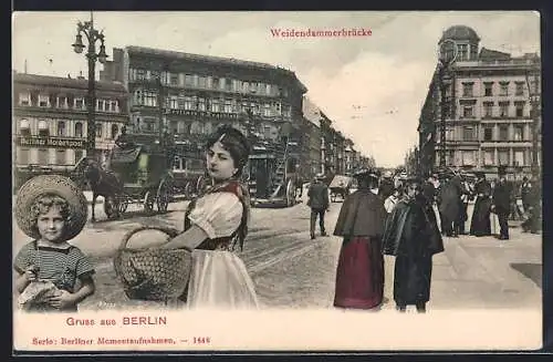 AK Berlin, Partie an der Weidendammer Brücke mit Passanten, Serie: Berliner Momentaufnahmen